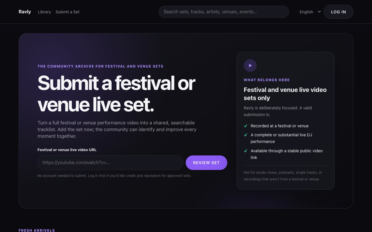 Ravly home page: submit a festival or venue live set by pasting its video link