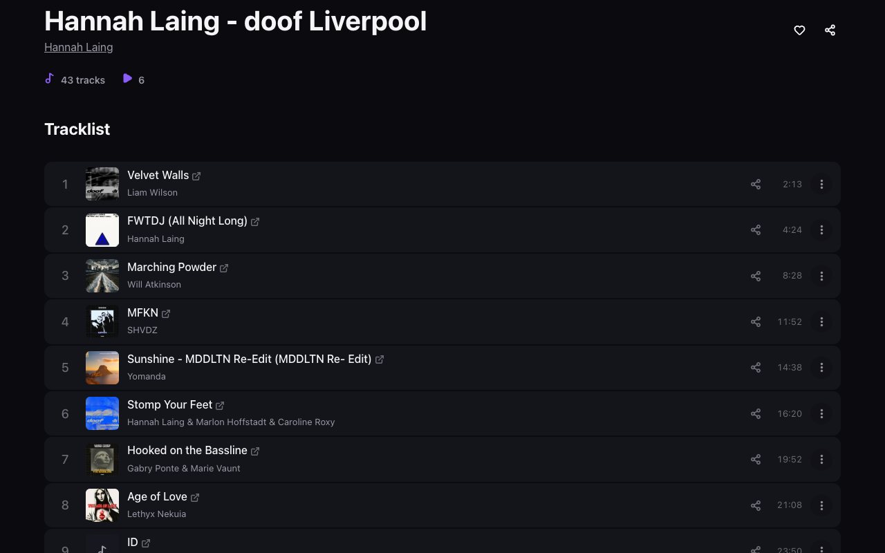 A set's tracklist with timestamps, artists and an unidentified ID