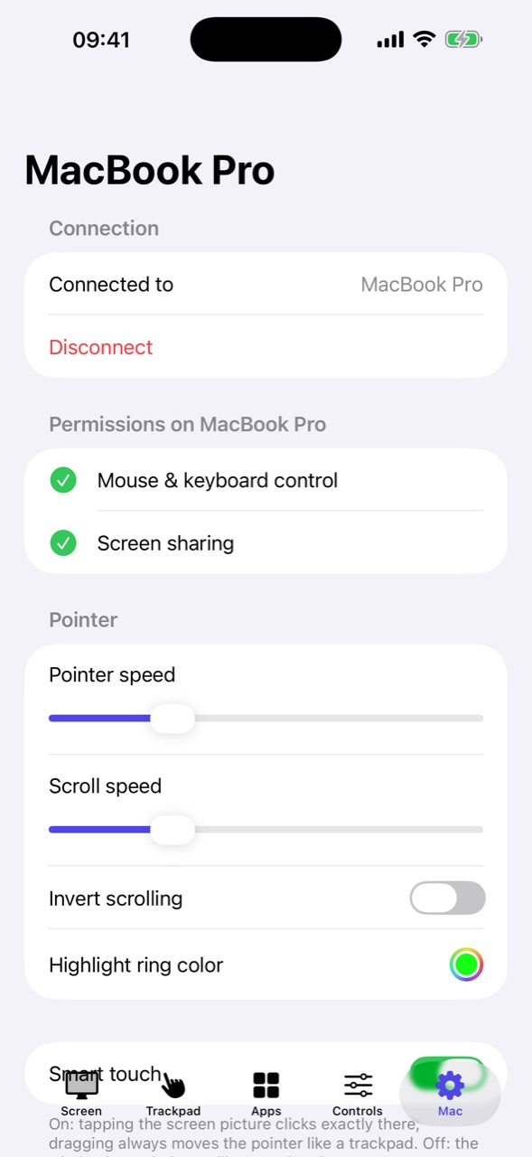 Settings: pointer speed, highlight ring color and screen quality