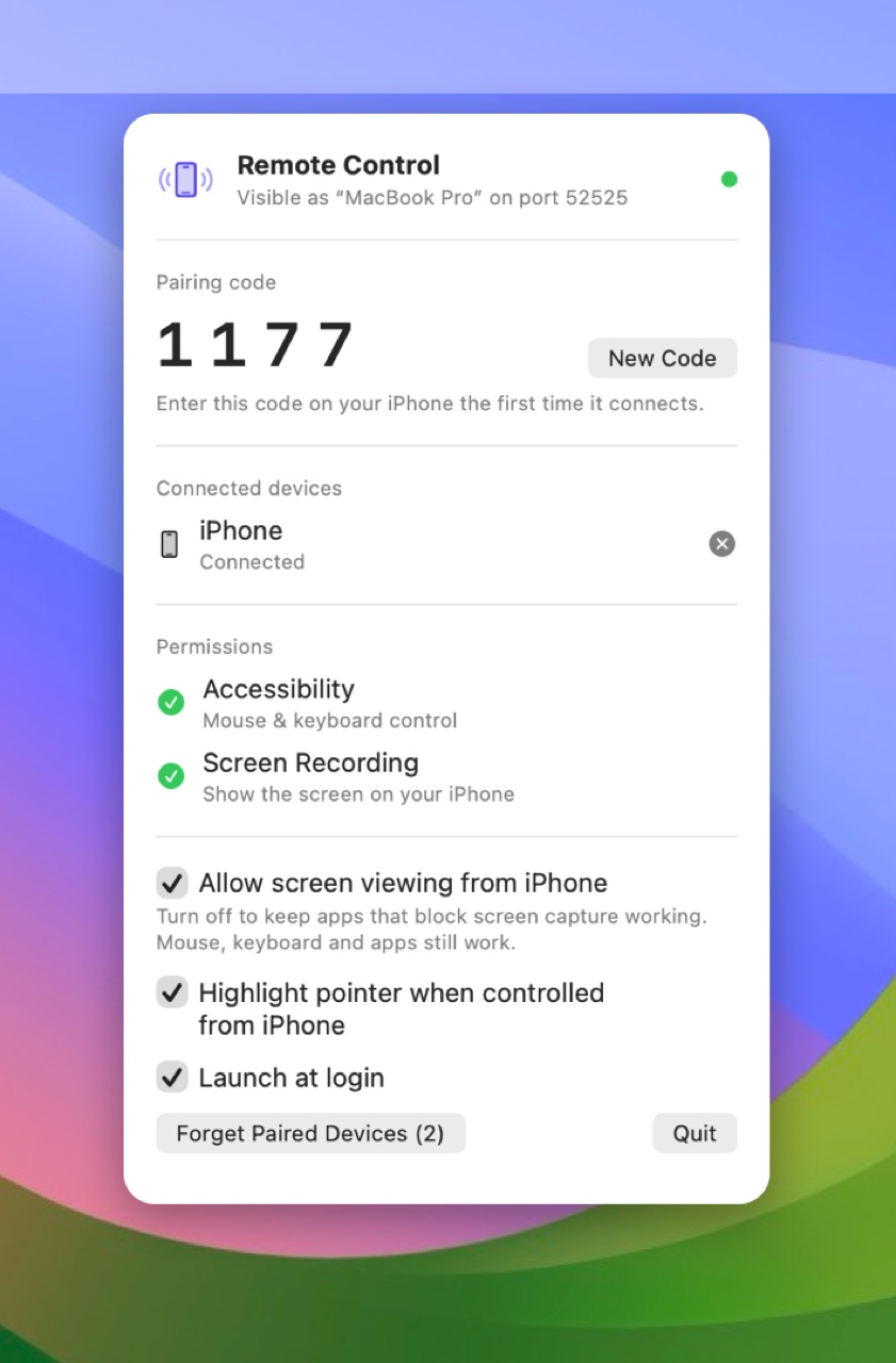 The Remote Control menu on the Mac with pairing code, connected iPhone and permissions