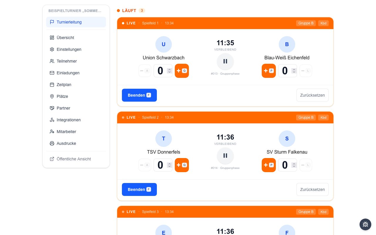 Live scoring: running matches with clock and score buttons